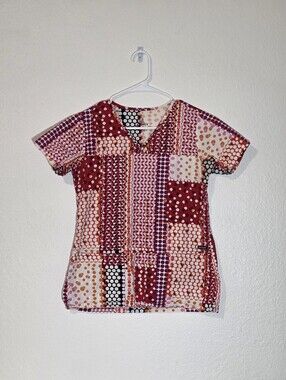 Jockey Scrub Top Extra Small XS Pink Red Polka Dot Patchwork V-Neck Medical